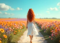 Rudowłosa, Kobieta, Kwiaty, Łąka, Lato