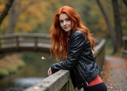 Kobieta, Rude, Włosy, Skórzana, Kurtka