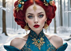 Rudowłosa, Kobieta, Biżuteria, Śnieg, Las, Zima, AI