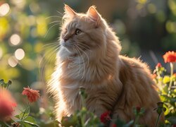 Rudy kot i kwiaty w słonecznym świetle