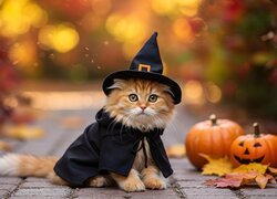 Kot, Kapelusz, Dynie, Halloween, Grafika AI
