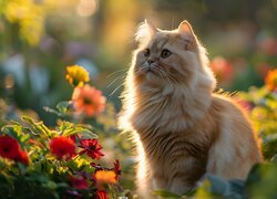 Rudy kot wśród kwiatów w ogrodzie