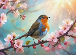 Rudzik, Ptak, Gałązka, Różowe, Kwiaty, Grafika