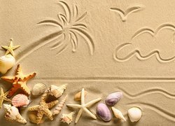 Rysunek na piasku ozdobiony muszelkami