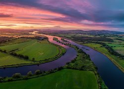 Rzeka, Foyle River, Pola, Łąki, Zachód słońca, Clonleigh, Irlandia Północna