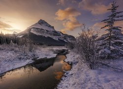 Zima, Góry Skaliste, Góra Tangle Ridge, Rzeka, Drzewa, Chmury, Alberta, Kanada