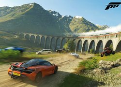 Gra, Forza Horizon 4, McLaren, Pomarańczowy, Góry, Wiadukt, Pociąg