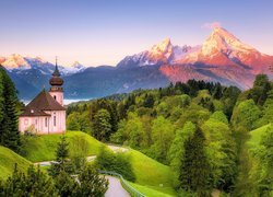 Kościół, Sanktuarium Maria Gern, Góry, Alpy Salzburskie, Lasy, Droga, Drzewa, Berchtesgaden, Bawaria, Niemcy
