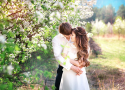 Sesja zdjęciowa nowożeńców przy kwitnącym drzewie