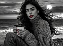 Długowłosa, Dziewczyna, Sweter, Golf, Kubek, Morze