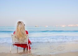 Dziewczyna, Siedzi, Morze, Niebo, Fale