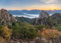 Korea Południowa, Góra, Unaksan, Mgła, Drzewa, Jesień, Promienie słońca, Skały