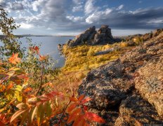 Jesień, Jezioro, Skały, Republika Ałtaju, Rosja