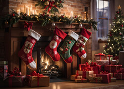 Skarpety świąteczne z prezentami na kominku