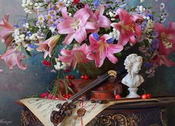 Skrzypce obok popiersia kobiety i kwiatów w wazonie