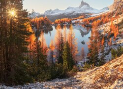 Słońce pomiędzy drzewami nad jeziorem we włoskich Dolomitach