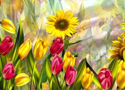 Słoneczniki i tulipany w grafice