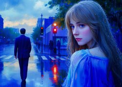 Kobieta, Mężczyzna, Deszcz, Ulica, Grafika