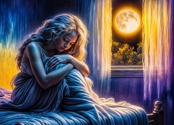 Noc, Dziewczyna, Łóżko, Księżyc Reprodukcja obrazu
