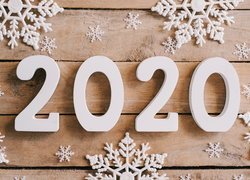 Nowy Rok, Cyfry, 2020, Śnieżynki, Deski