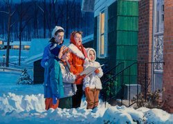 Dzieci, Zima, Śnieg, Domy, Malarstwo, Obraz, Gordon Johnson