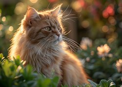 Spojrzenie rudego kota wśród kwiatów