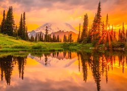 Zachód słońca, Stratowulkan Mount Rainier, Jezioro, Tipsoo Lake, Waszyngton, Stany Zjednoczone, Drzewa, Odbicie, Promienie słońca