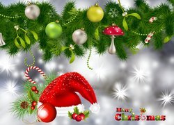 Boże Narodzenie, Świąteczna, Kompozycja, Bombki, Czapka, Mikołaja, Gałązki, Grafika 2D