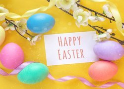 Wielkanoc, Pisanki, Gałązki, Wstążki, Napis, Happy Easter