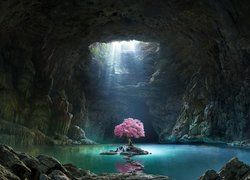 Światło padające na kwitnące drzewo w jaskini