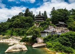 Japonia, Świątynia, Tohoku, Drzewa, Kamienie, Chmury