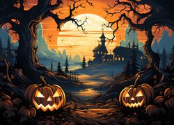 Halloween, Grafika, Dynie, Drzewa, Księżyc