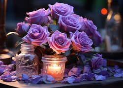 Świeczka wśród płatków róż obok liliowych róż w wazonie