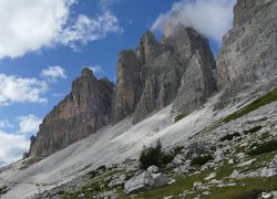 Góry, Skały, Kamienie, Drzewa, Dolomity, Tre Cime di Lavaredo, Włochy