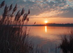 Szuwary i chmury nad jeziorem o zachodzie słońca