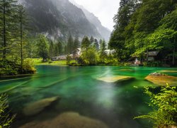 Szwajcaria, Kanton Berno, Jezioro Blausee, Góry, Domy, Kamienie, Las, Drzewa