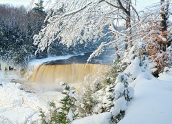 Zima, Śnieg, Drzewa, Wodospad, Tahquamenon Falls, Michigan, Stany Zjednoczone