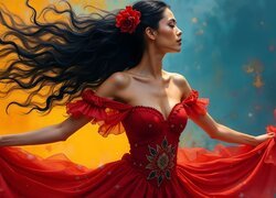 Długowłosa, Kobieta, Tancerka, Czerwona, Suknia, Grafika AI