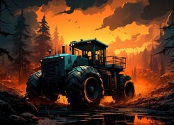 Traktor na mokradłach w lesie o zachodzie słońca