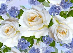 Trzy białe róże i niebieskie kwiaty w grafice