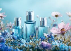 Trzy flakony perfum obok kwiatów
