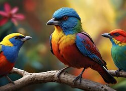 Trzy kolorowe ptaki na gałązkach w grafice