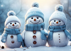Trzy uśmiechnięte bałwanki na śniegu