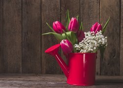 Kwiaty, Tulipany, Gipsówka, Czerwona, Konewka, Deski