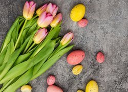 Tulipany, Kolorowe, Jajka, Pisanki, Szare, Tło, Wielkanoc