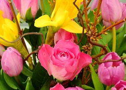 Tulipany, róże i żonkile w bukiecie