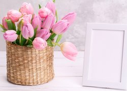 Różowe, Tulipany, Koszyk, Ramka, Deski
