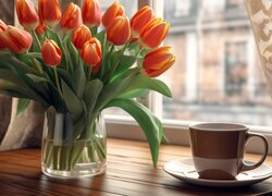 Tulipany w wazonie obok filiżanki na stole przy oknie