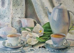 Tulipany wśród zestawu do kawy na akwareli Lyubov Titova