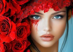 Dziewczyna, Makijaż, Czerwone, Róże, Grafika